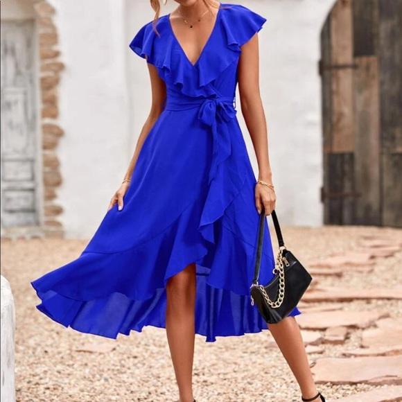 Boho burgundy butterfly sleeve blue ruffle hem belted wrap dress - Picture 12 of 16